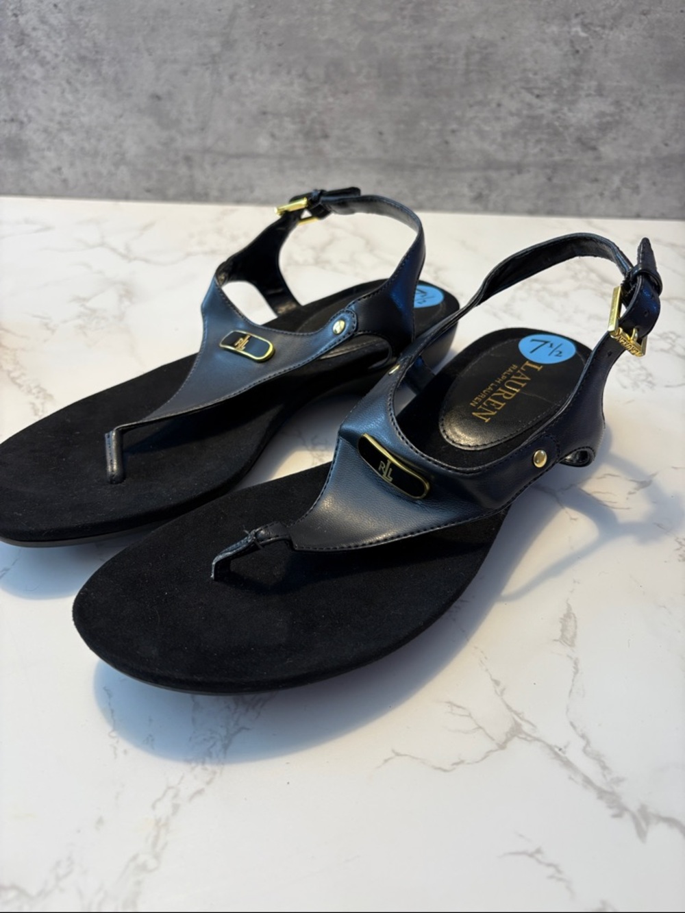 Lauren Ralph Lauren NWT Black T-Strap Sandals with Gold Accent size 7.5 Kacy